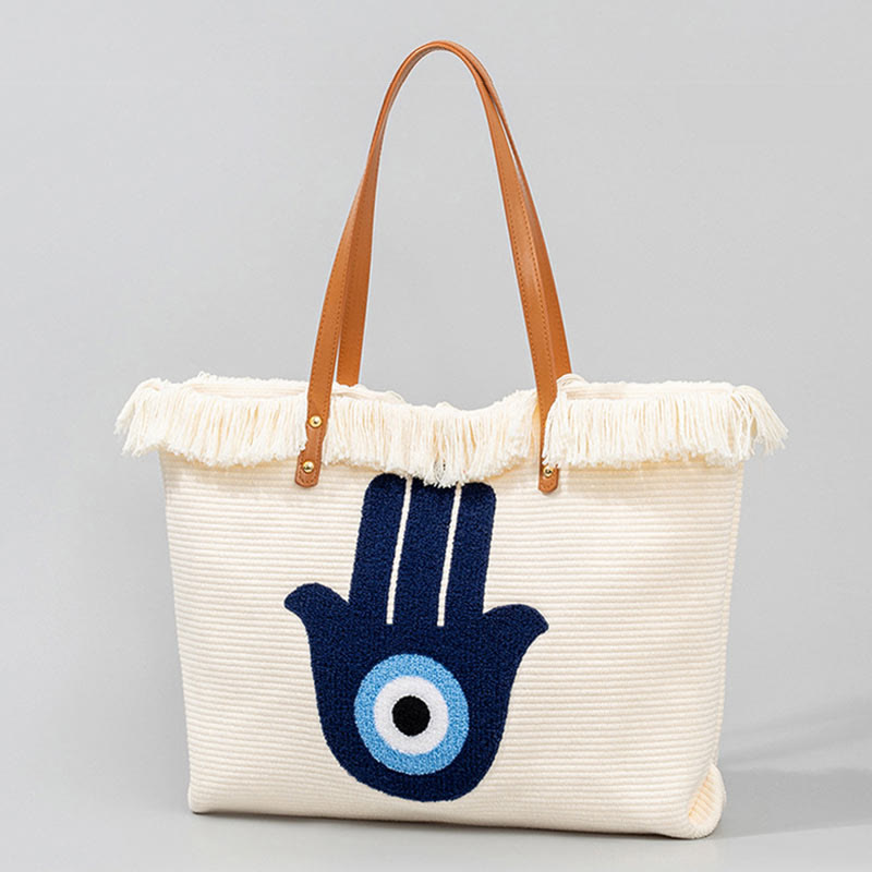 Nimara Ritual Large Capacity Evil Eye Leaf Hamsa Tassel Canvas Tote Shoulder Bag