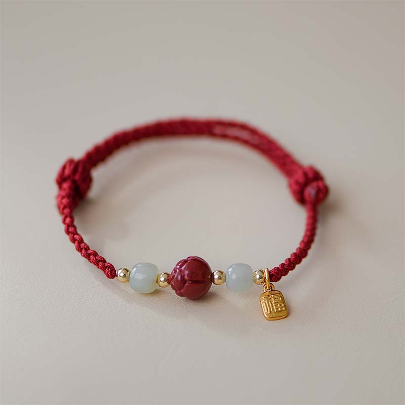 Nimara Ritual Cinnabar Jade Lotus Calm Red String Weave Bracelet