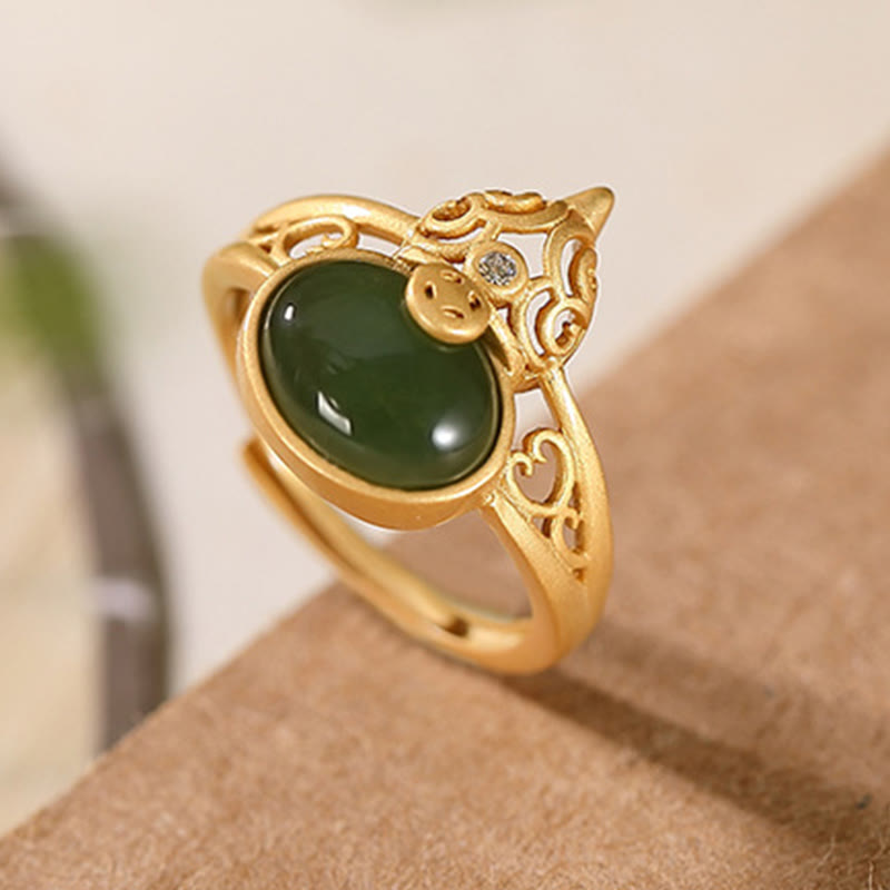 Nimara Ritual Gourd Cyan Jade Copper Coin Success Luck Adjustable Ring