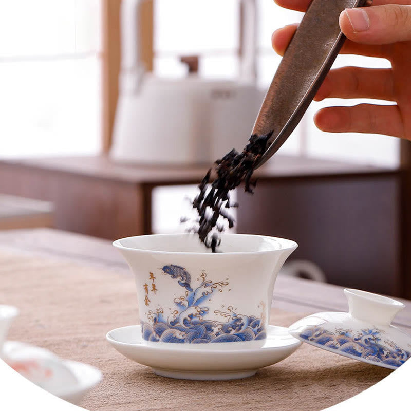 Nimara Ritual White Porcelain Mountain Landscape Countryside Ceramic Gaiwan Teacup Kung Fu Tea Cup And Saucer With Lid