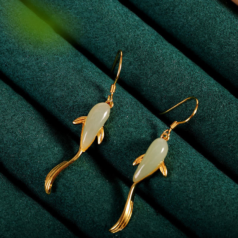 Luck and Healing Fish Pattern Jade Dangle Drop Earrings