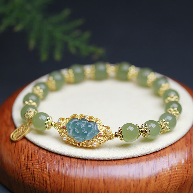 Nimara Ritual 925 Sterling Silver Plated 14K Gold Hetian Jade Lotus Luck Bracelet