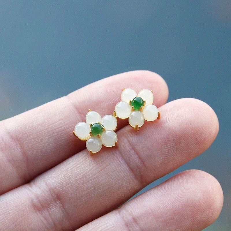 Release Negativity White Jade Flower Blessing Stud Earrings