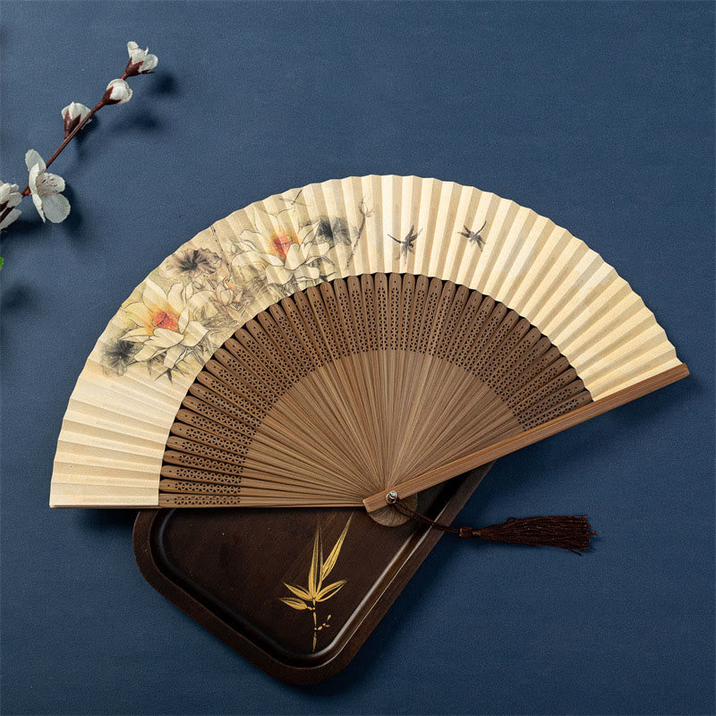 Nimara Ritual Lotus Dragonfly Wild Geese Plum Blossom Handheld Silk Bamboo Folding Fan 22.5cm