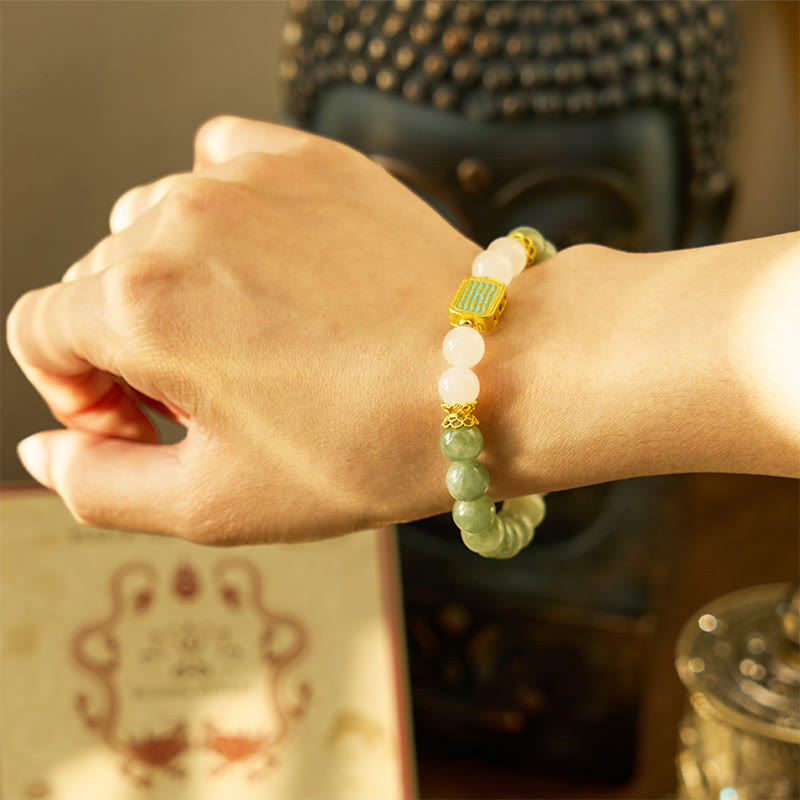 Nimara Ritual Natural Green Jade White Agate Five Scriptures Abundance Bracelet