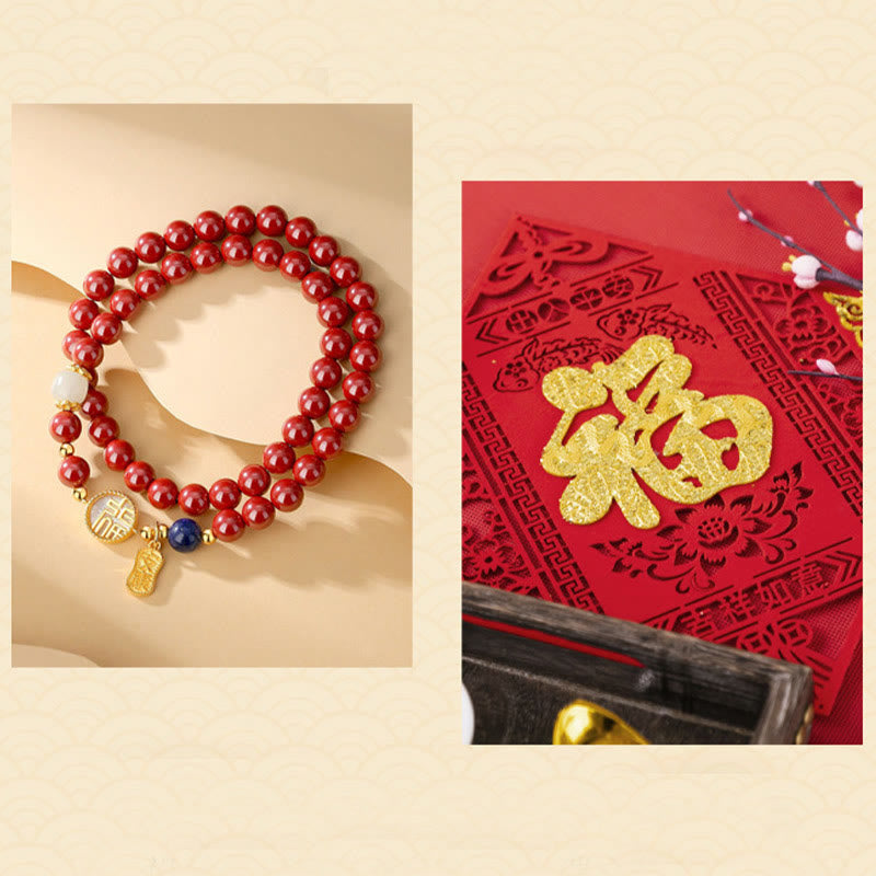 Nimara Ritual 925 Sterling Silver Cinnabar Tridacna Stone Fu Character Double Wrap Blessing Bracelet