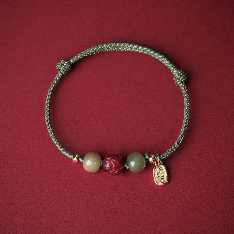 Nimara Ritual 14K Gold Plated Hetian Jade Cinnabar Lotus Luck Handcrafted Rope Bracelet