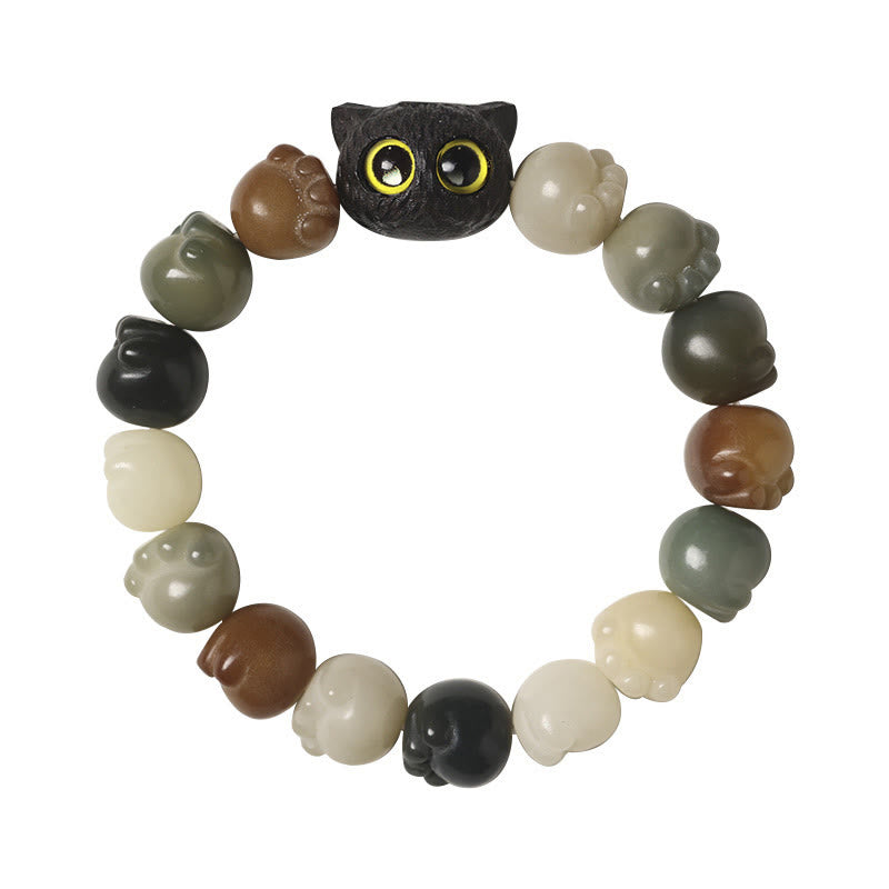 Nimara Ritual Natural Bodhi Seed Lovely Paw Ebony Wood Lucky Cat Wisdom Bracelet