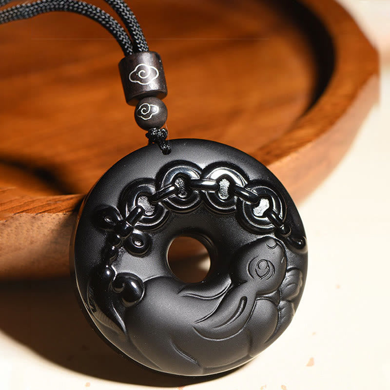 Nimara Ritual Chinese Zodiac Natural Black Obsidian Peace Buckle Strength Necklace Pendant