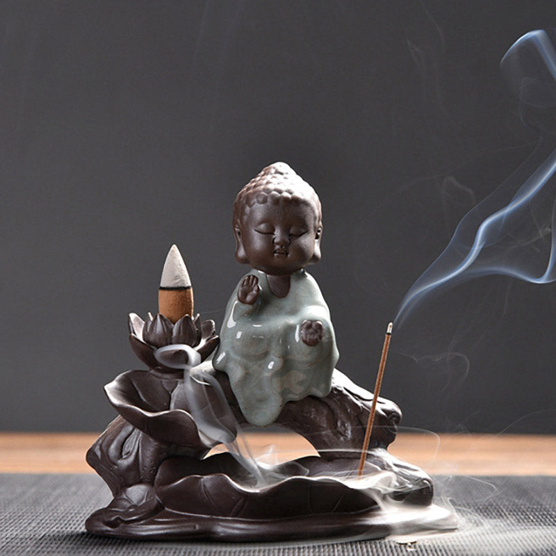 Nimara Ritual Little Monk Ceramic Lotus Blessing Incense Burner Decoration