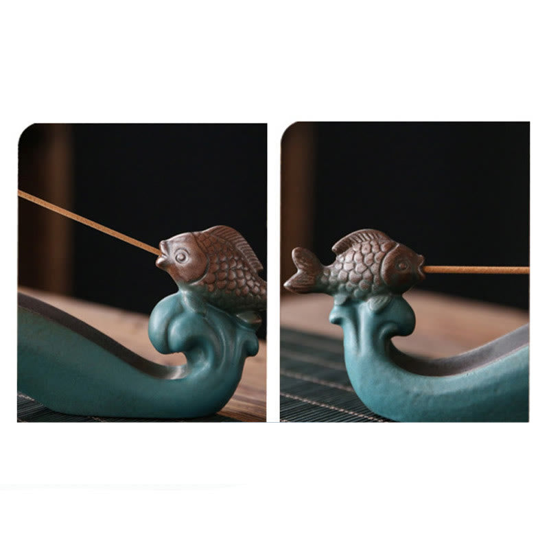 Nimara Ritual Double Koi Fish Mountain Healing Ceramic Stick Incense Burner Decoration