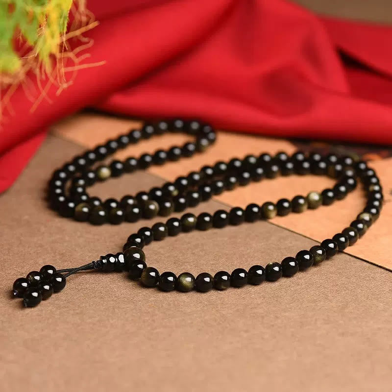 Nimara Ritual 108 Mala Beads Natural Gold Sheen Obsidian Wealth Bracelet