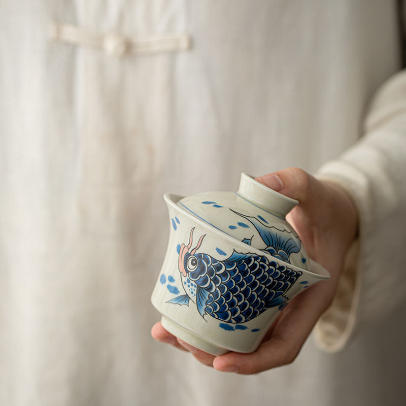 Nimara Ritual Koi Fish Arowana Ceramic Gaiwan Sancai Teacup Kung Fu Tea Cup With Lid 130ml