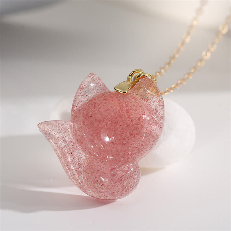 Nimara Ritual 925 Sterling Silver Plated 14k Gold Strawberry Quartz Fox Healing Necklace Pendant