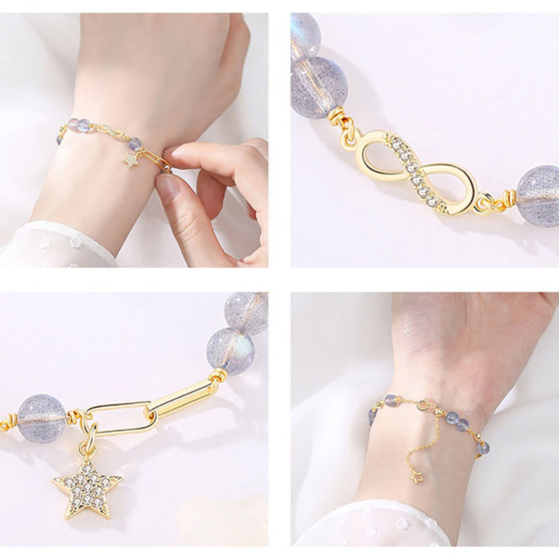Nimara Ritual 14K Gold Plated Natural Strawberry Quartz Moonstone MAbius Loop Eternal Love Star Positive Bracelet
