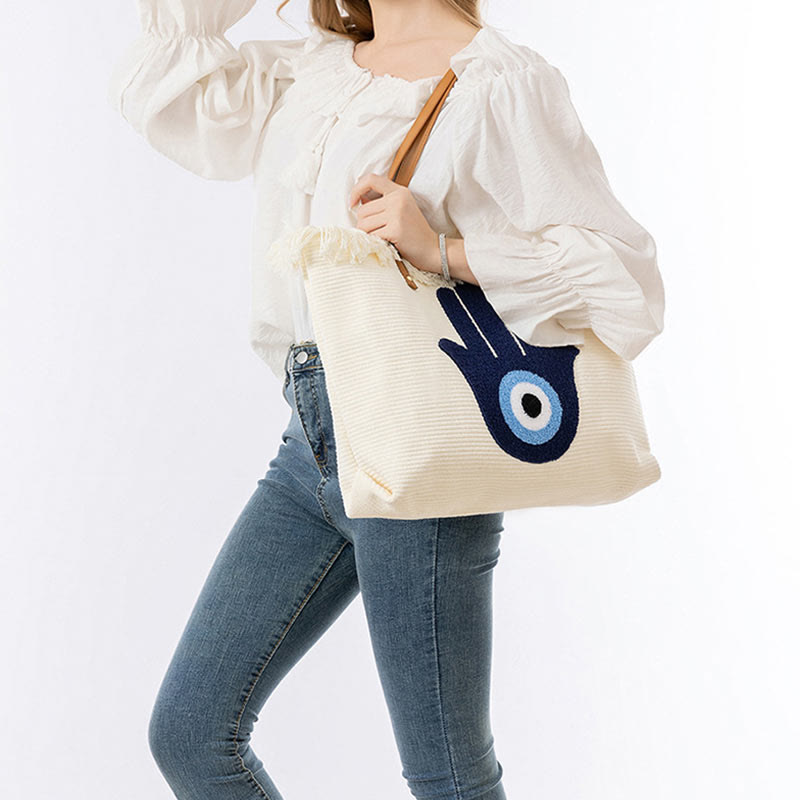 Nimara Ritual Large Capacity Evil Eye Leaf Hamsa Tassel Canvas Tote Shoulder Bag