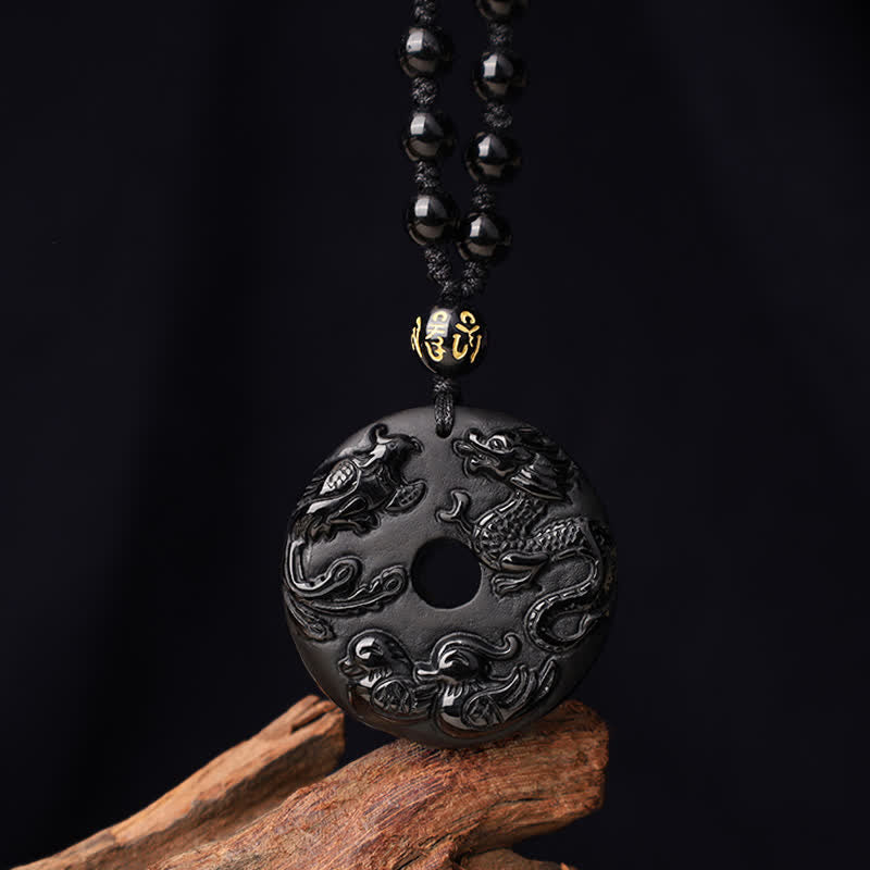 Nimara Ritual Black Obsidian Dragon Phoenix Mandarin Duck Luck Protection Necklace Pendant