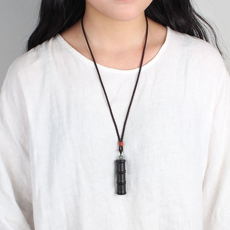 Nimara Ritual Ebony Wood Bamboo Pattern Ghau Prayer Box Peace Necklace Pendant