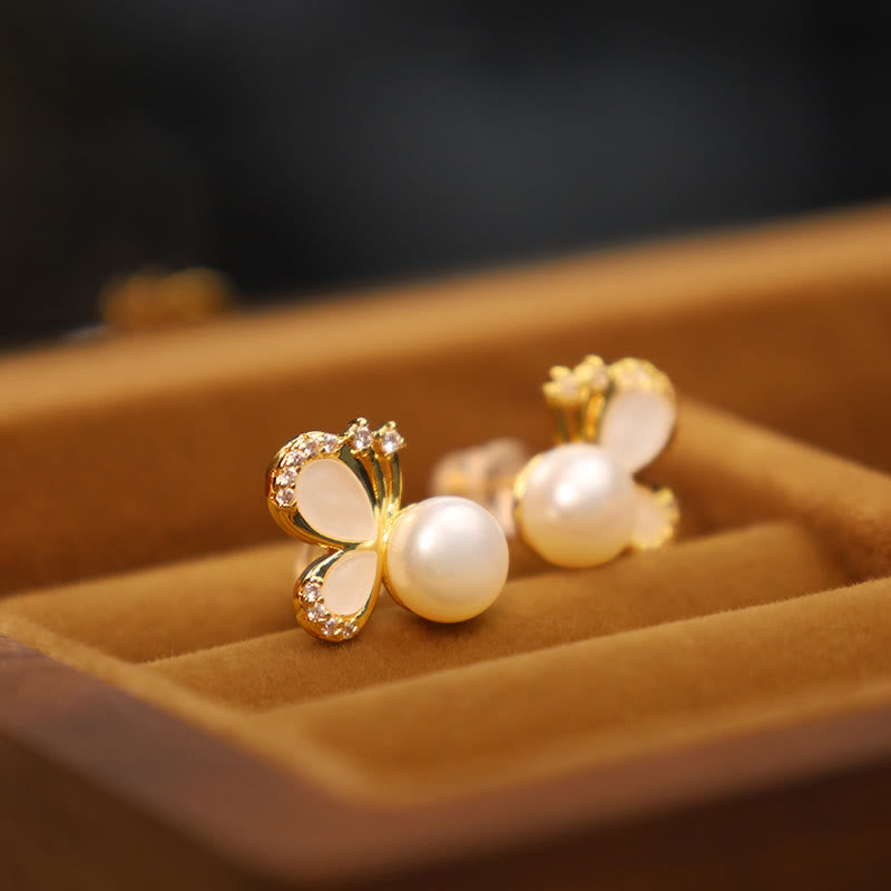 Nimara Ritual 925 Sterling Silver Posts 18K Gold Plated Copper Natural Pearl Butterfly Zircon Healing Stud Earrings
