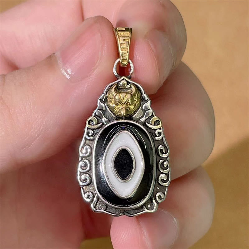 Nimara Ritual Tibet Dzi Bead Garuda Pattern Copper Metal Wealth Necklace Pendant