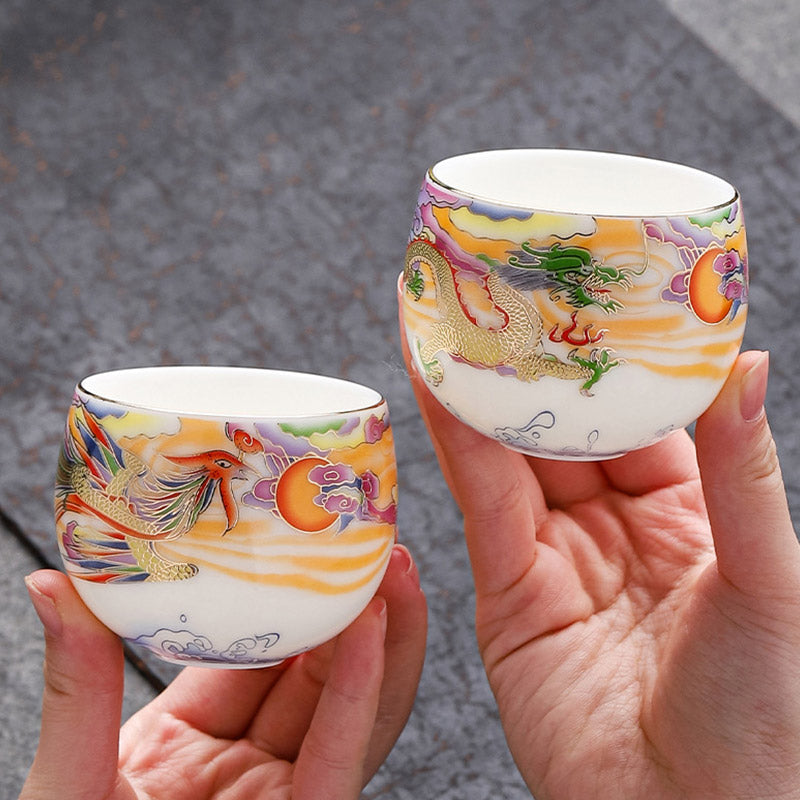 Nimara Ritual Dragon Phoenix Auspicious Clouds Sun Ocean Waves Ceramic Teacup Kung Fu Tea Cup