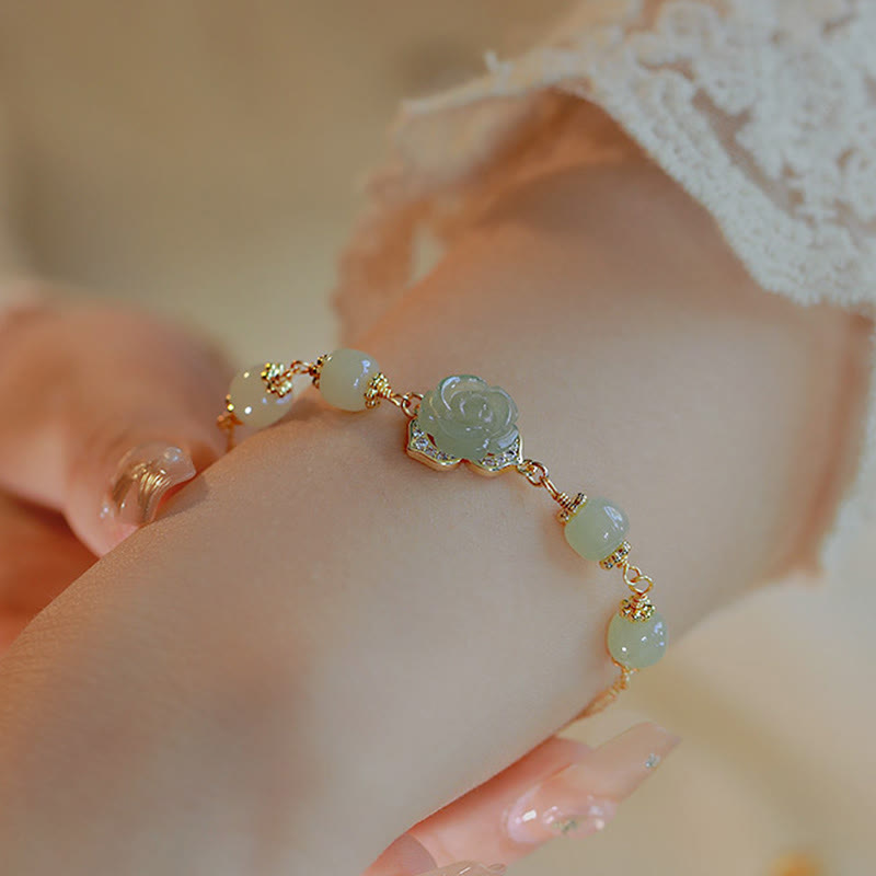 Nimara Ritual 14K Gold Plated Hetian Jade Rose Flower Luck Chain Bracelet