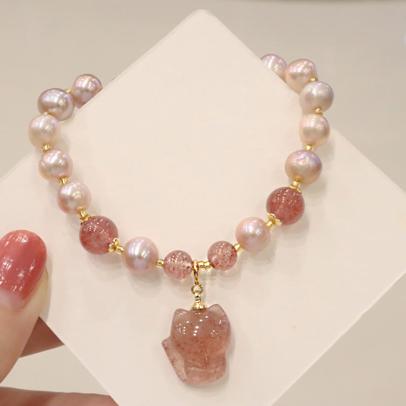 Nimara Ritual Natural Pearl Strawberry Quartz Cute Fox Love Healing Charm Bracelet