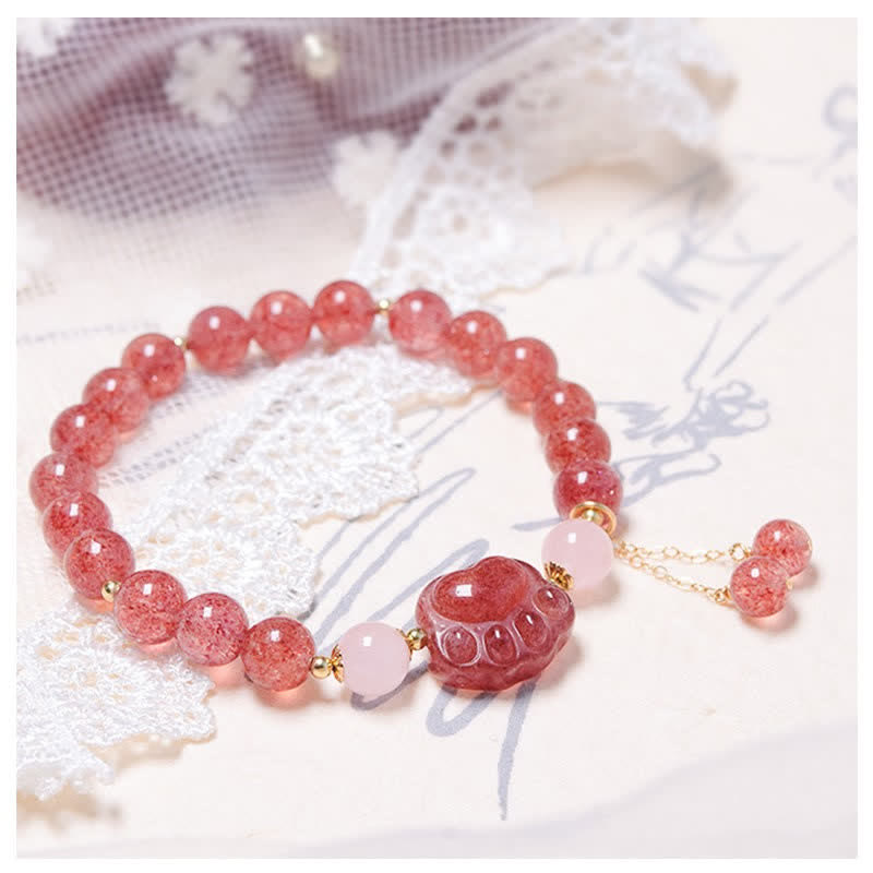 Nimara Ritual Natural Strawberry Quartz Pink Crystal Lucky Cat Paw Love Bracelet