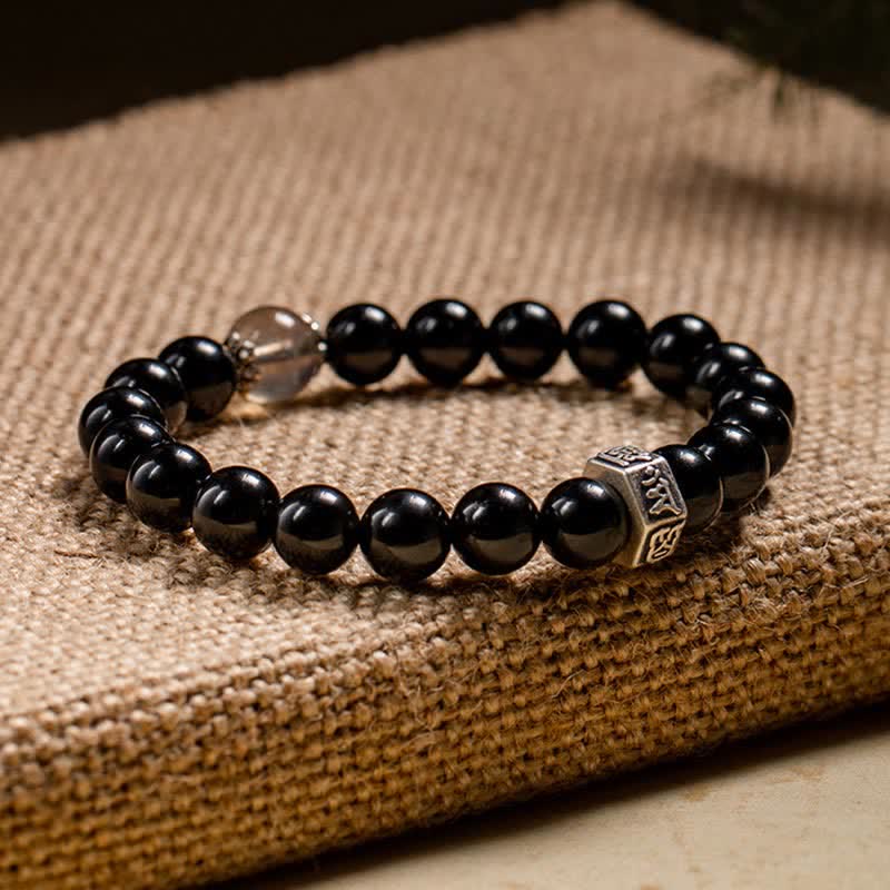 Nimara Ritual Chinese Zodiac Natal Buddha 925 Sterling Silver Black Obsidian Moonstone Strength Bracelet