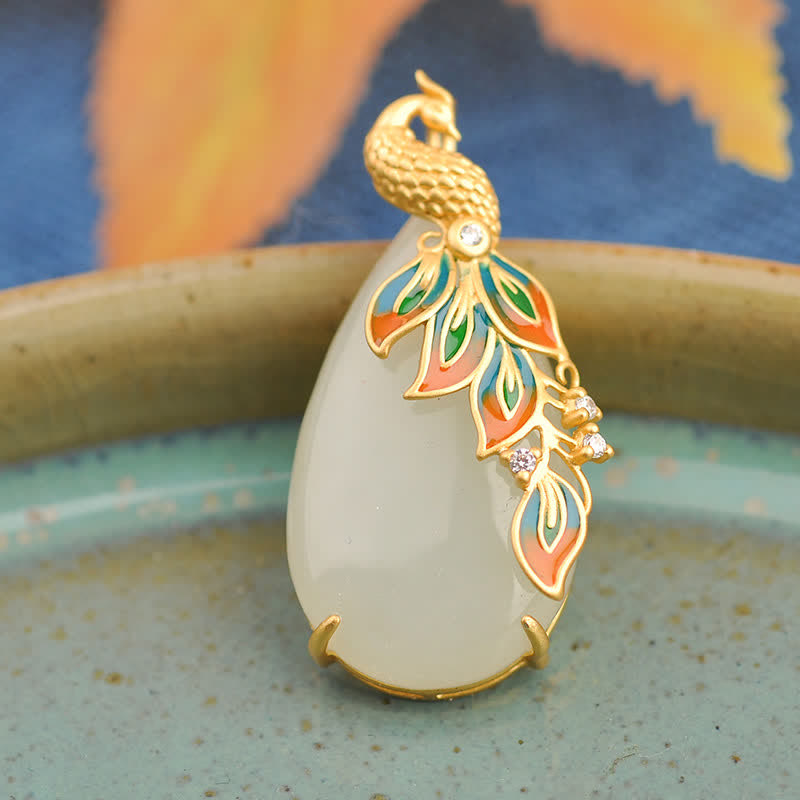 Nimara Ritual White Jade Peacock Protection Necklace Chain Pendant