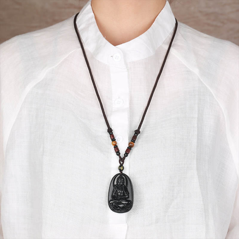 Nimara Ritual Chinese Zodiac Natal Buddha Natural Black Obsidian Purification Necklace Pendant