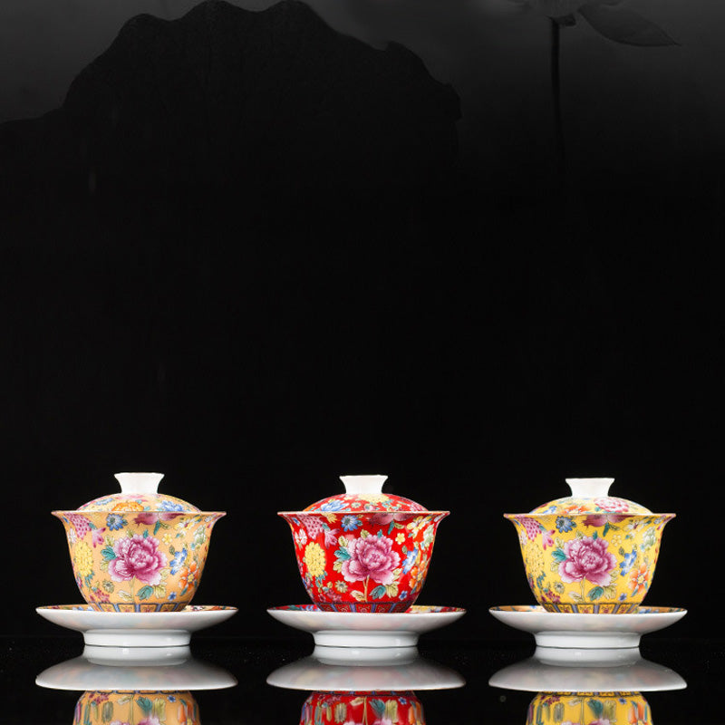 Nimara Ritual Peony Flowers Ceramic Gaiwan Sancai Teacup Kung Fu Tea Cup And Saucer With Lid