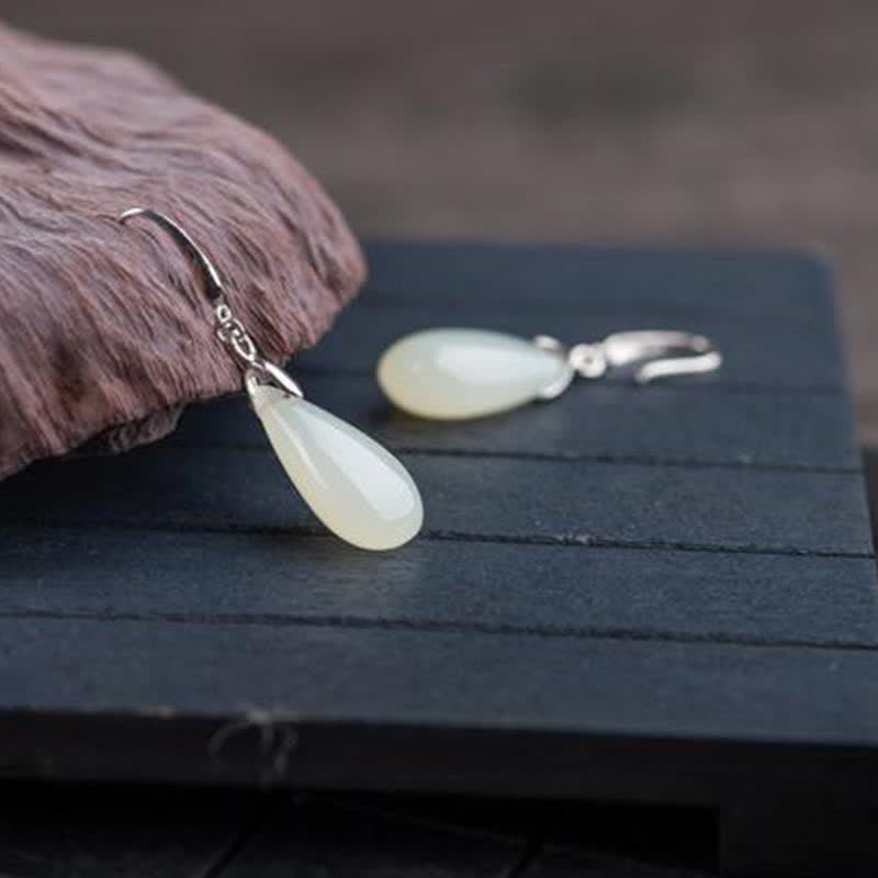 Nimara Ritual Hetian White Jade Water Drop Luck Blessing Dangle Earrings