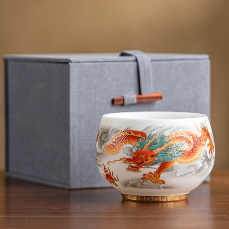 Nimara Ritual Dragon Phoenix Auspicious Clouds Ceramic Teacup Kung Fu Tea Cup With Gift Box