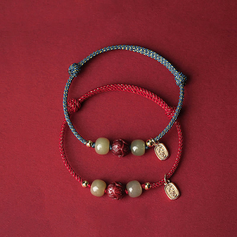 Nimara Ritual 14K Gold Plated Hetian Jade Cinnabar Lotus Luck Handcrafted Rope Bracelet