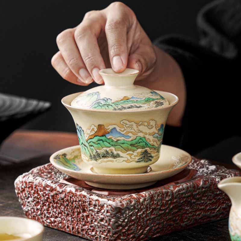 Nimara Ritual A Panorama of Rivers and Mountains Flowers Ceramic Gaiwan Sancai Teacup Kung Fu Tea Cup And Saucer With Lid