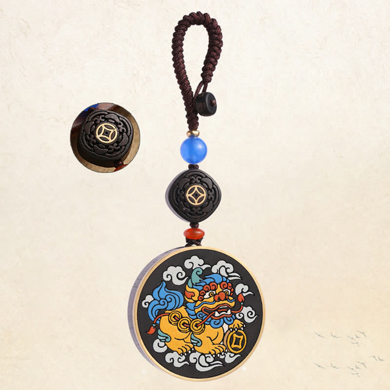Nimara Ritual PiXiu Copper Coin Ebony Wood Luck Attract Wealth Key Chain Decoration