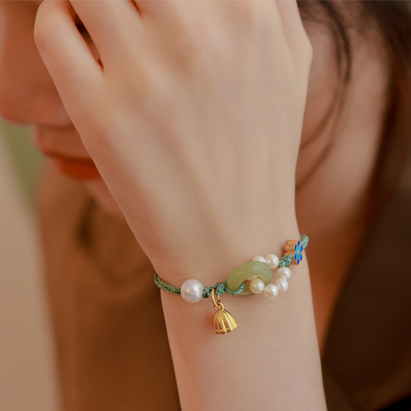 Nimara Ritual Natural Hetian Jade Peace Buckle Pearl Luck Handcrafted Braided Bracelet