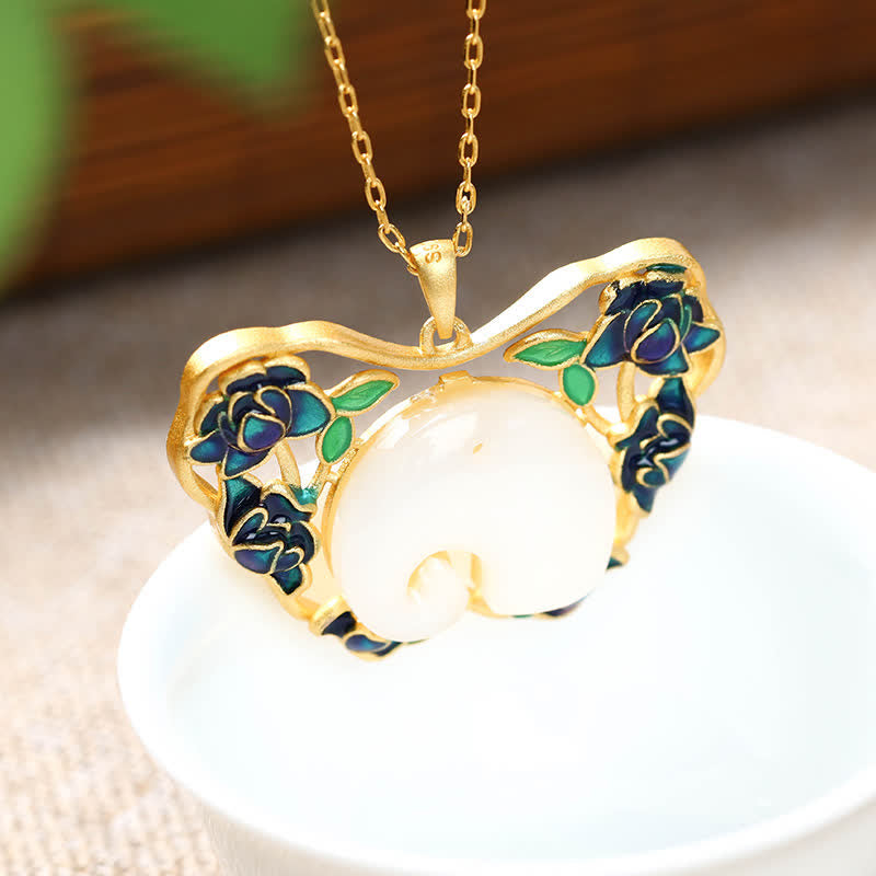 Nimara Ritual White Jade Elephant Butterfly Lotus Success Necklace Chain Pendant