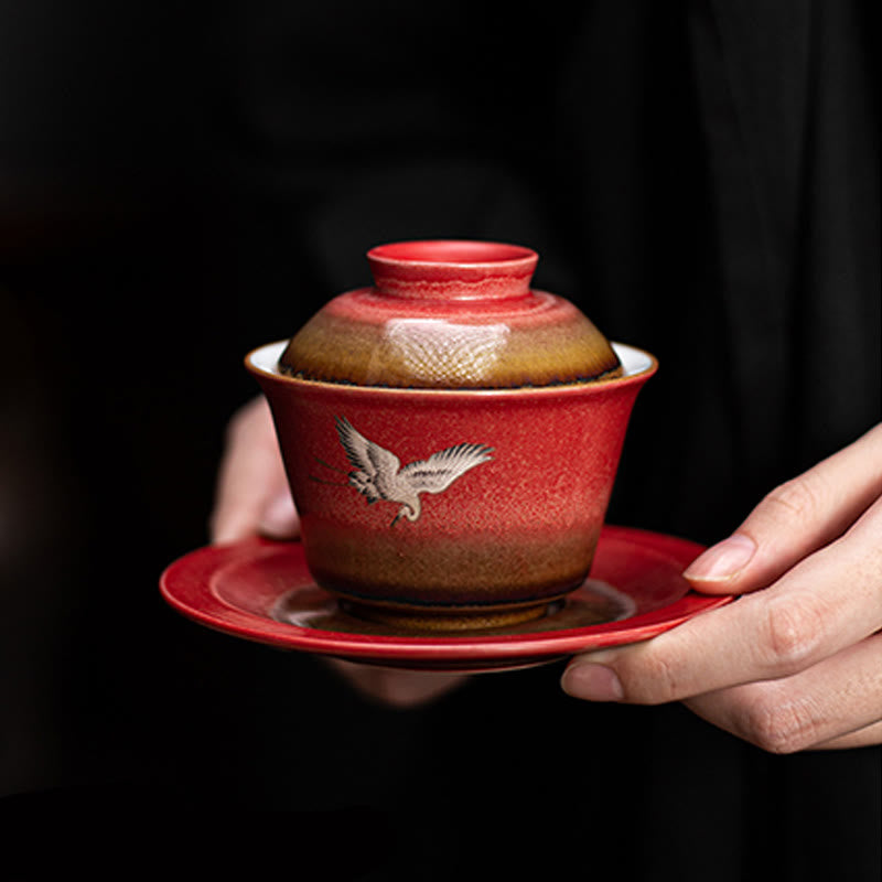 Nimara Ritual Red Auspicious Crane Ceramic Gaiwan Sancai Teacup Kung Fu Tea Cup And Saucer With Lid