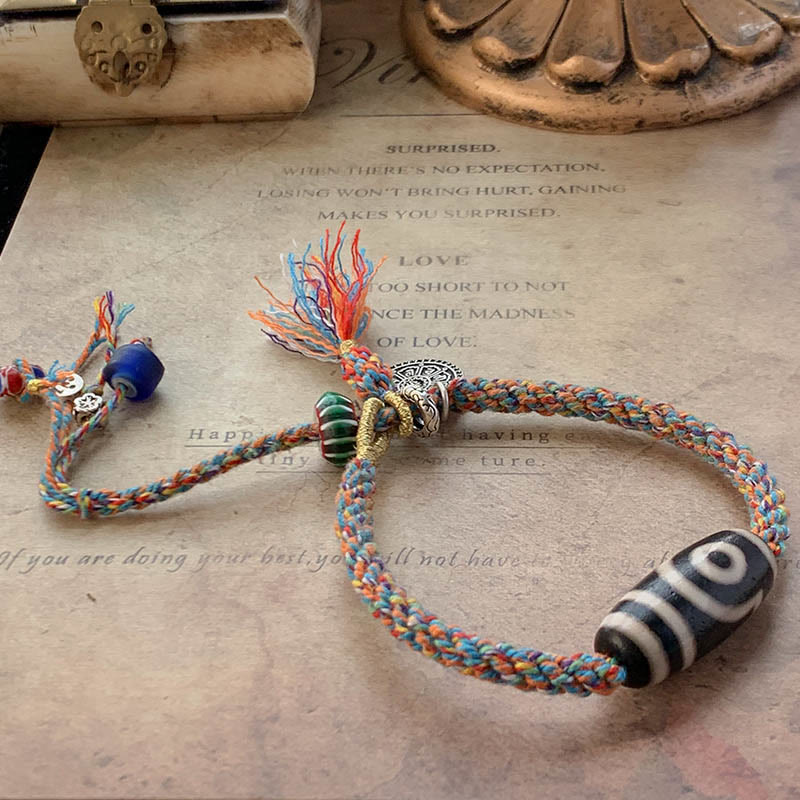 Nimara Ritual Tibetan 925 Sterling Silver Om Mani Padme Hum Handmade Dzi Bead Protection Braid Bracelet