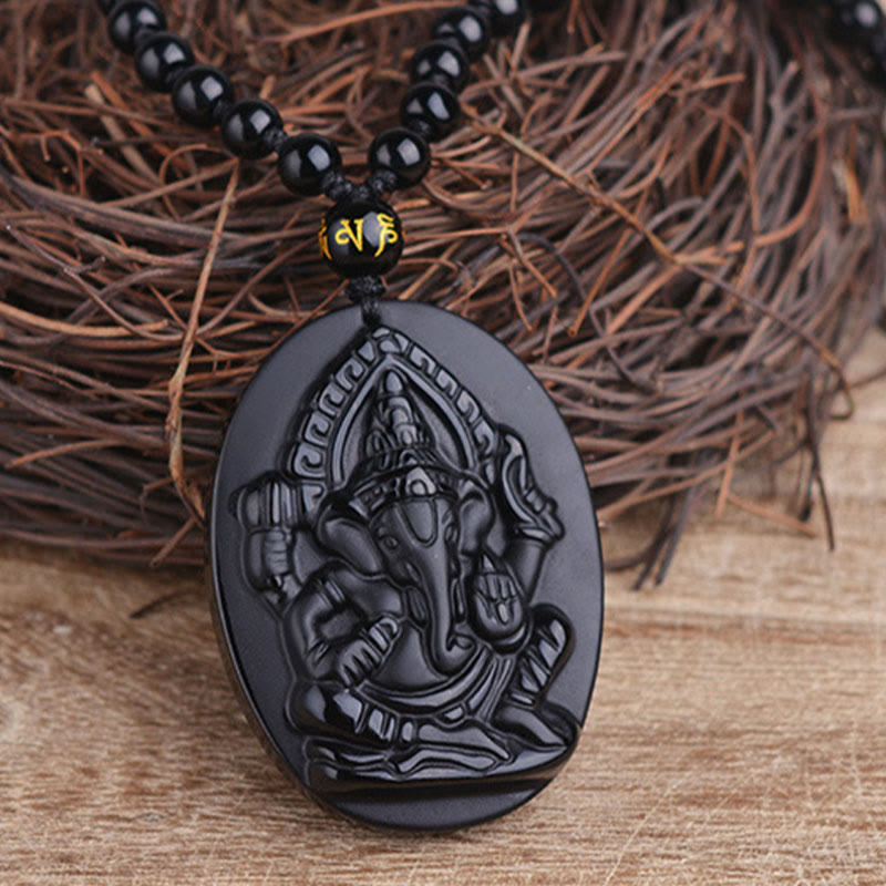 Nimara Ritual Tibetan Obsidian Ganesh Ganpati Elephant Wealth Amulet Necklace
