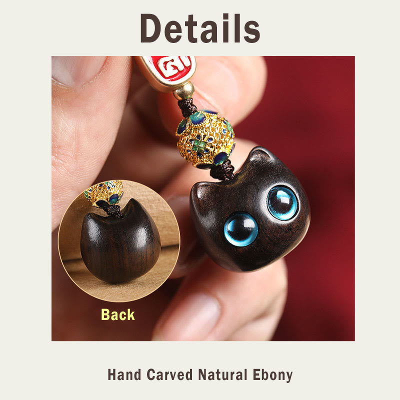 Nimara Ritual Ebony Wood Lucky Cat Auspicious Cloud Peace Key Chain Phone Hanging Decoration