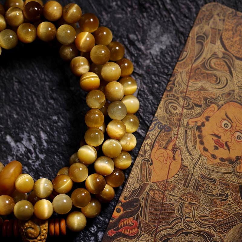 Nimara Ritual 108 Mala Beads Natural Tiger Eye Copper Dorje Protection Tassel Bracelet