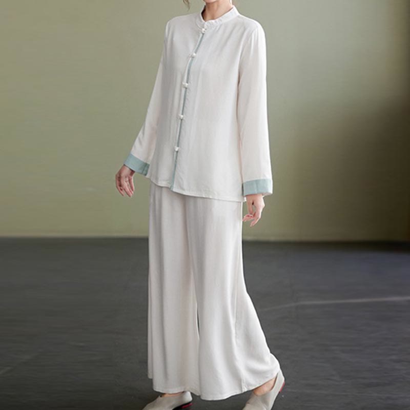 Nimara Ritual 2Pcs Tang Suit Long Sleeve Shirt Top Pants Meditation Zen Tai Chi Cotton Linen Clothing Women's Set