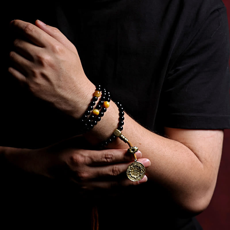 Nimara Ritual Tibetan 108 Mala Beads Black Onyx Tiger Eye Beads Nine Palaces Bagua Protection Bracelet