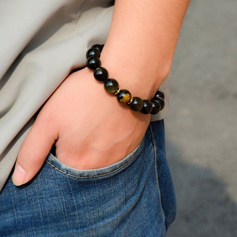 Nimara Ritual Chinese Zodiac Natal Buddha Gold Sheen Obsidian Wealth Protection Bracelet