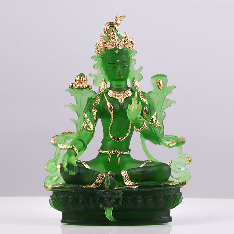 Nimara Ritual Bodhisattva Green Tara Handmade Liuli Crystal Art Piece Protection Home Office Statue Decoration