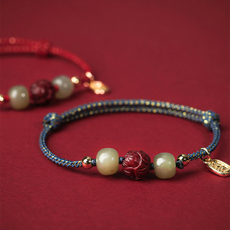 Nimara Ritual 14K Gold Plated Hetian Jade Cinnabar Lotus Luck Handcrafted Rope Bracelet