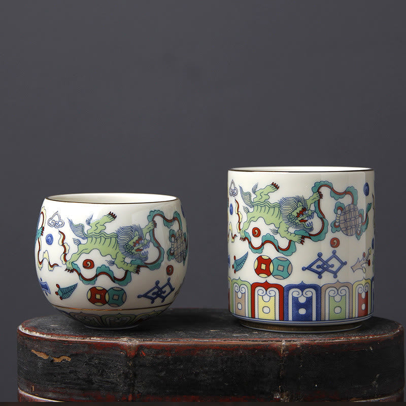 Nimara Ritual Vintage Plum Blossom Pine Bamboo Phoenix Kirin Lion Dancing Ceramic Teacup Tea Cups